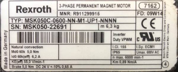 Rexroth R911299915 MSK050C-0600-NN-M1-UP1-NNNN 3-Phase Permanent Magnet Motor
