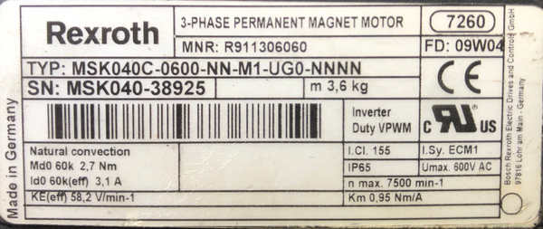Rexroth R911306060 MSK040C-0600-NN-M1-UG0-NNNN Permanent Magnet Motor