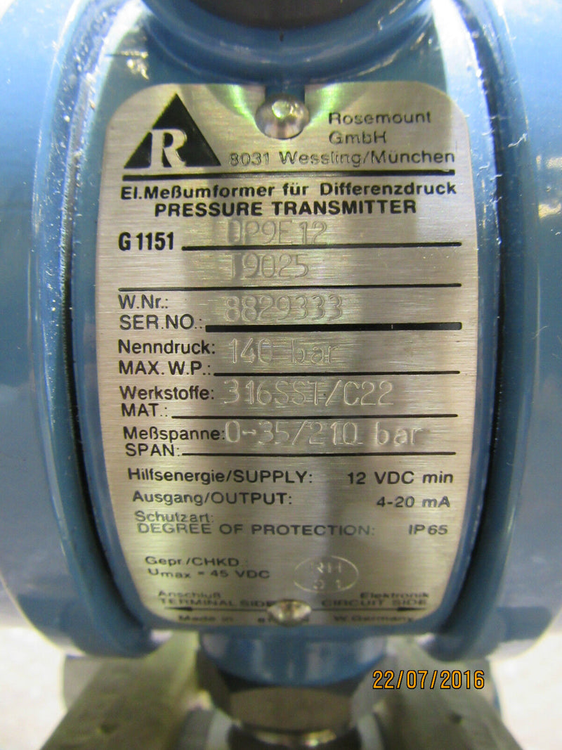 Rosemount G1151 DP9 E12 Pressure Transmitter  - used -