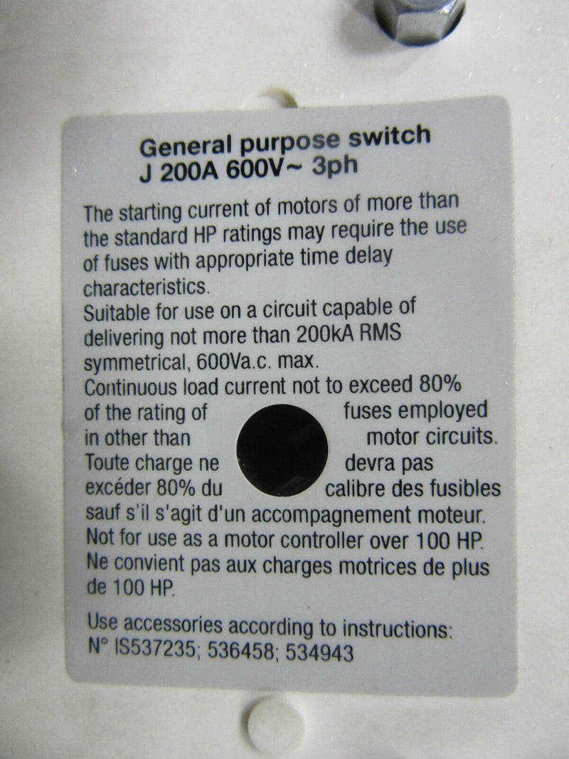 Siemens General Purpose Switch J 200A 600V 3ph CFS364JN -used-