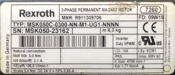 Rexroth R911309706 MSK050C-0300-NN-M1-UG1-NNNN 3-Phase Permanent Magnet Motor