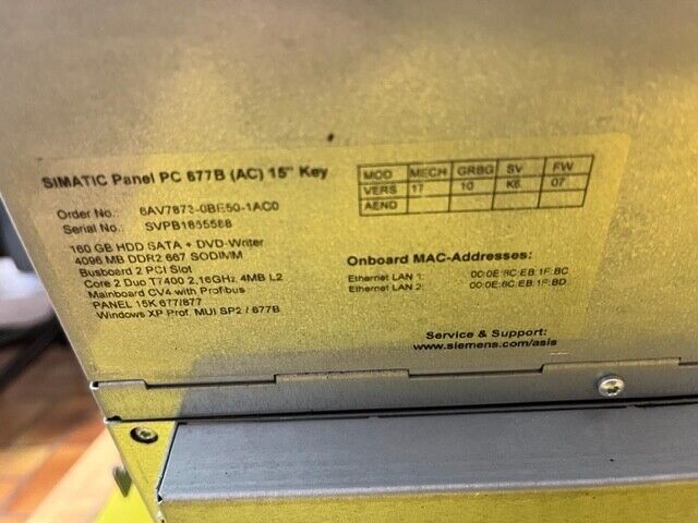 SIEMENS SIMATIC Panel PC 677B(AC) 15" Key 6AV7873-0BE50-1AC0
