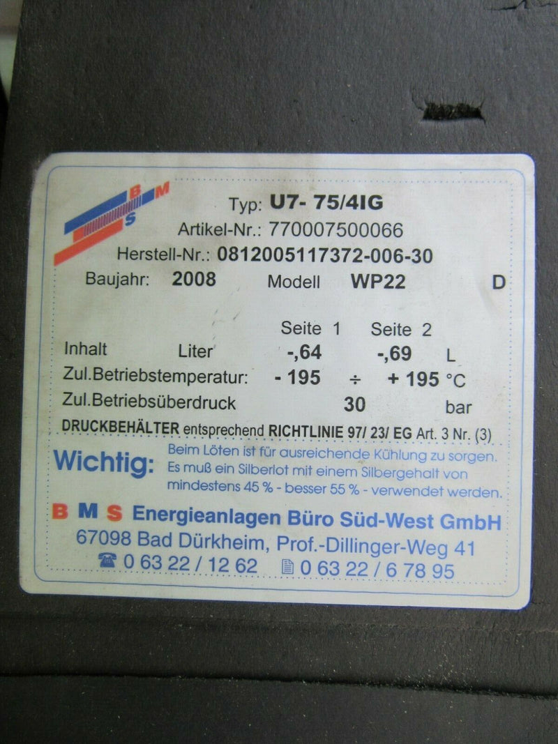 Wärmetauscher 30bar BMS Typ U7-75/4IG WP22 +/- 195°C